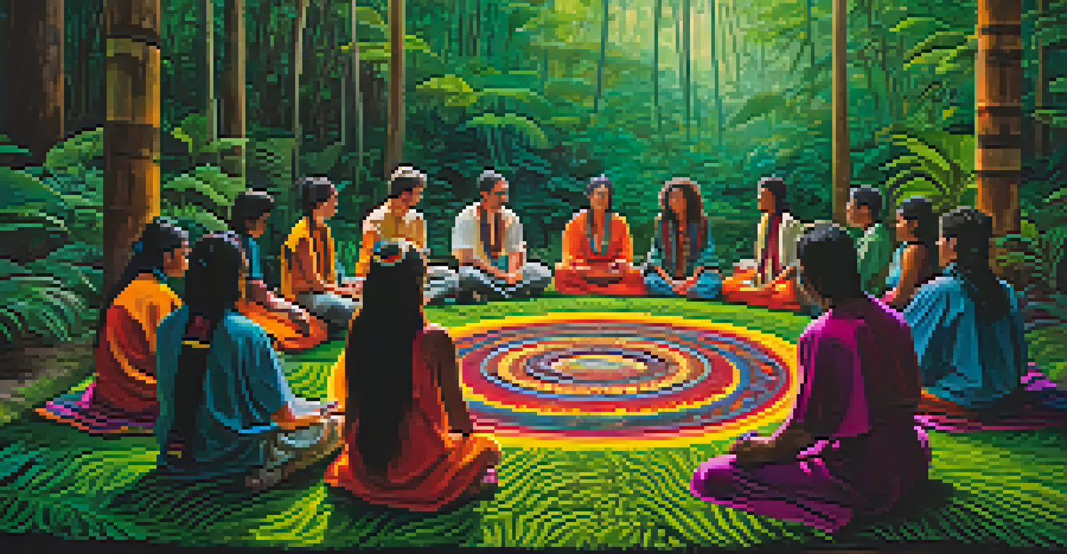 Participants sitting in a circle during an ayahuasca ceremony, surrounded by rainforest, with vibrant fabrics and soft light.