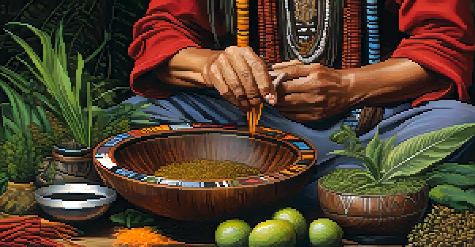 A close-up of a shaman preparing Ayahuasca in a wooden bowl, with herbs and steam creating a mystical ambiance.