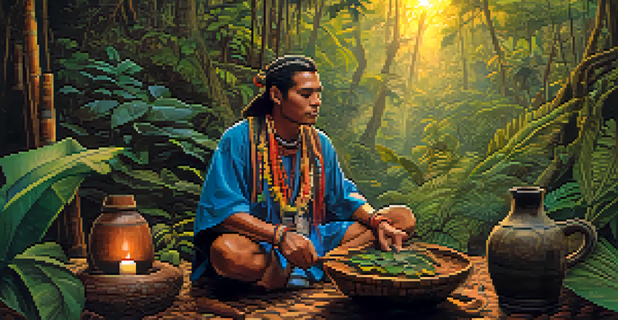 A shaman in traditional attire preparing Ayahuasca in a rustic bowl, surrounded by lush Amazonian jungle at dusk.