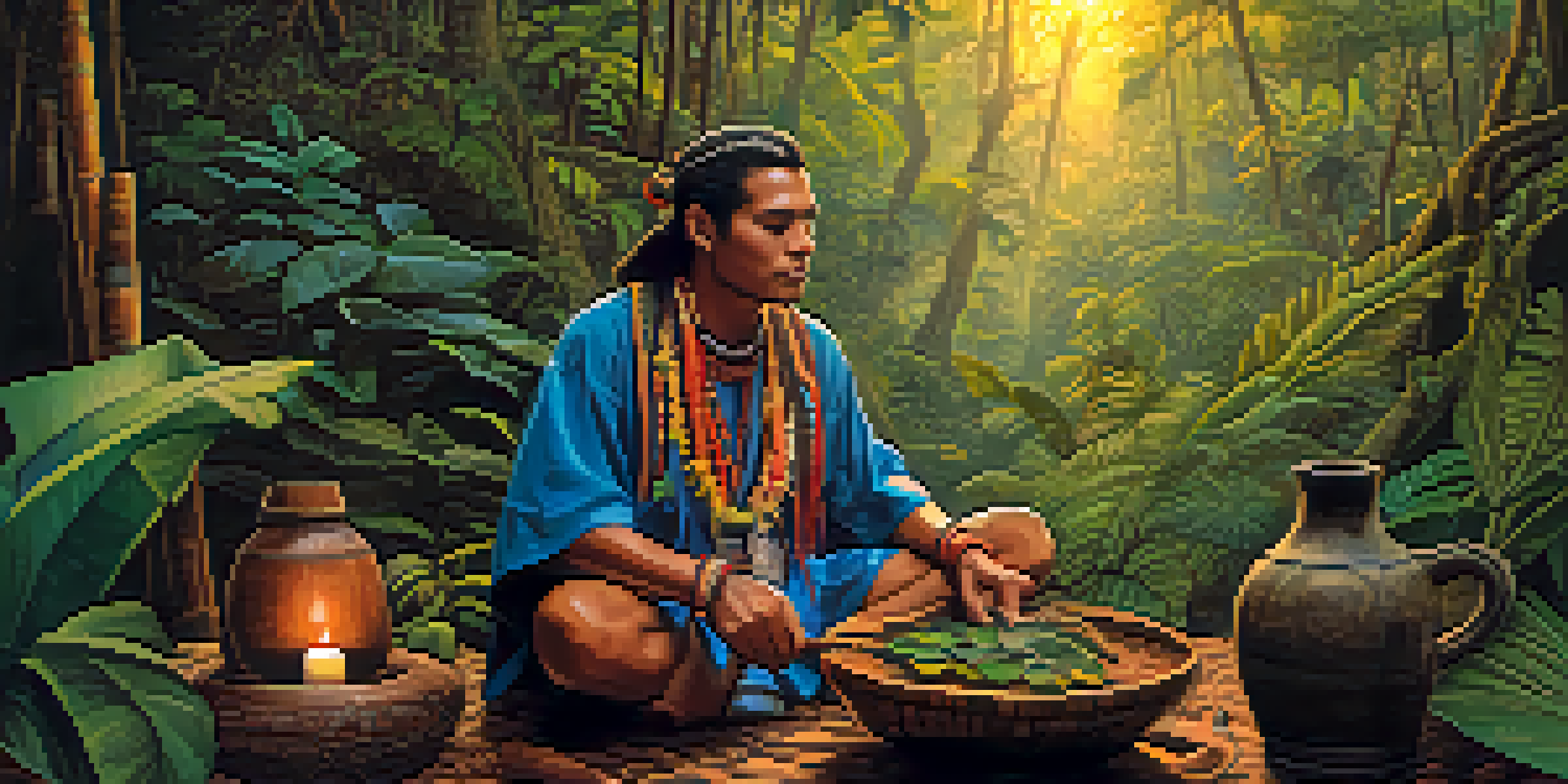 A shaman in traditional attire preparing Ayahuasca in a rustic bowl, surrounded by lush Amazonian jungle at dusk.