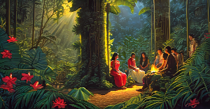 A tranquil Amazon rainforest at twilight with lush greenery and a small ceremonial fire surrounded by participants in traditional attire.