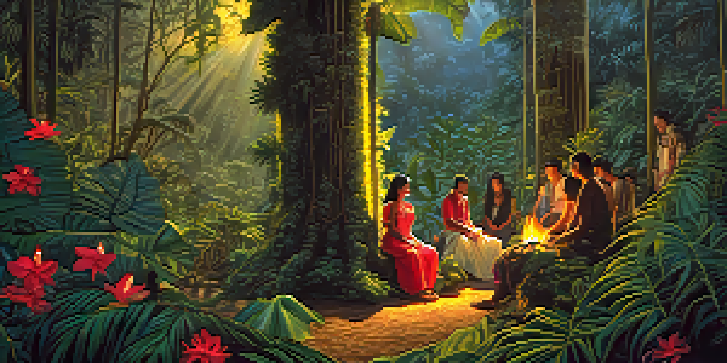 A tranquil Amazon rainforest at twilight with lush greenery and a small ceremonial fire surrounded by participants in traditional attire.
