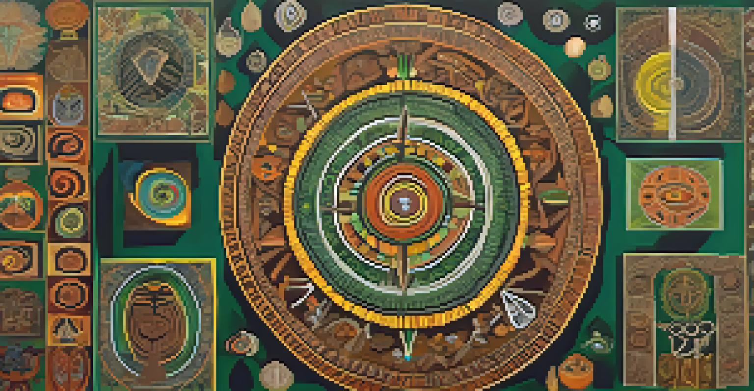 A colorful collage of traditional Indigenous symbols representing gender energies in ayahuasca practices, showcasing healing and unity.