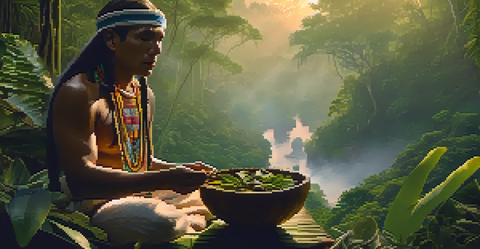 An indigenous shaman in colorful attire prepares Ayahuasca in a wooden bowl amidst a misty Amazon rainforest at dawn.