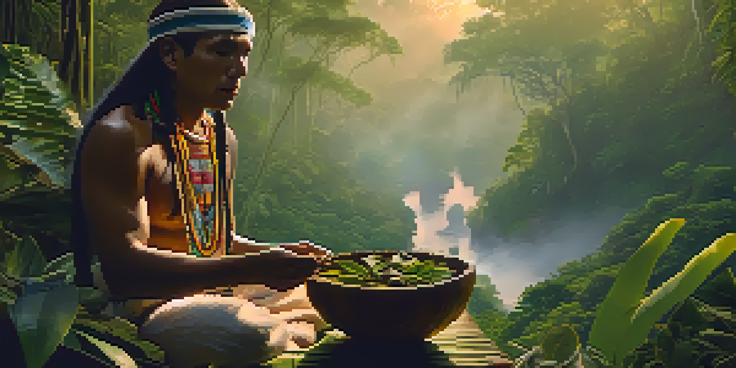 An indigenous shaman in colorful attire prepares Ayahuasca in a wooden bowl amidst a misty Amazon rainforest at dawn.