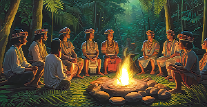 A group of people sitting in a circle around a fire in a rainforest, participating in an Ayahuasca ceremony led by a shaman.