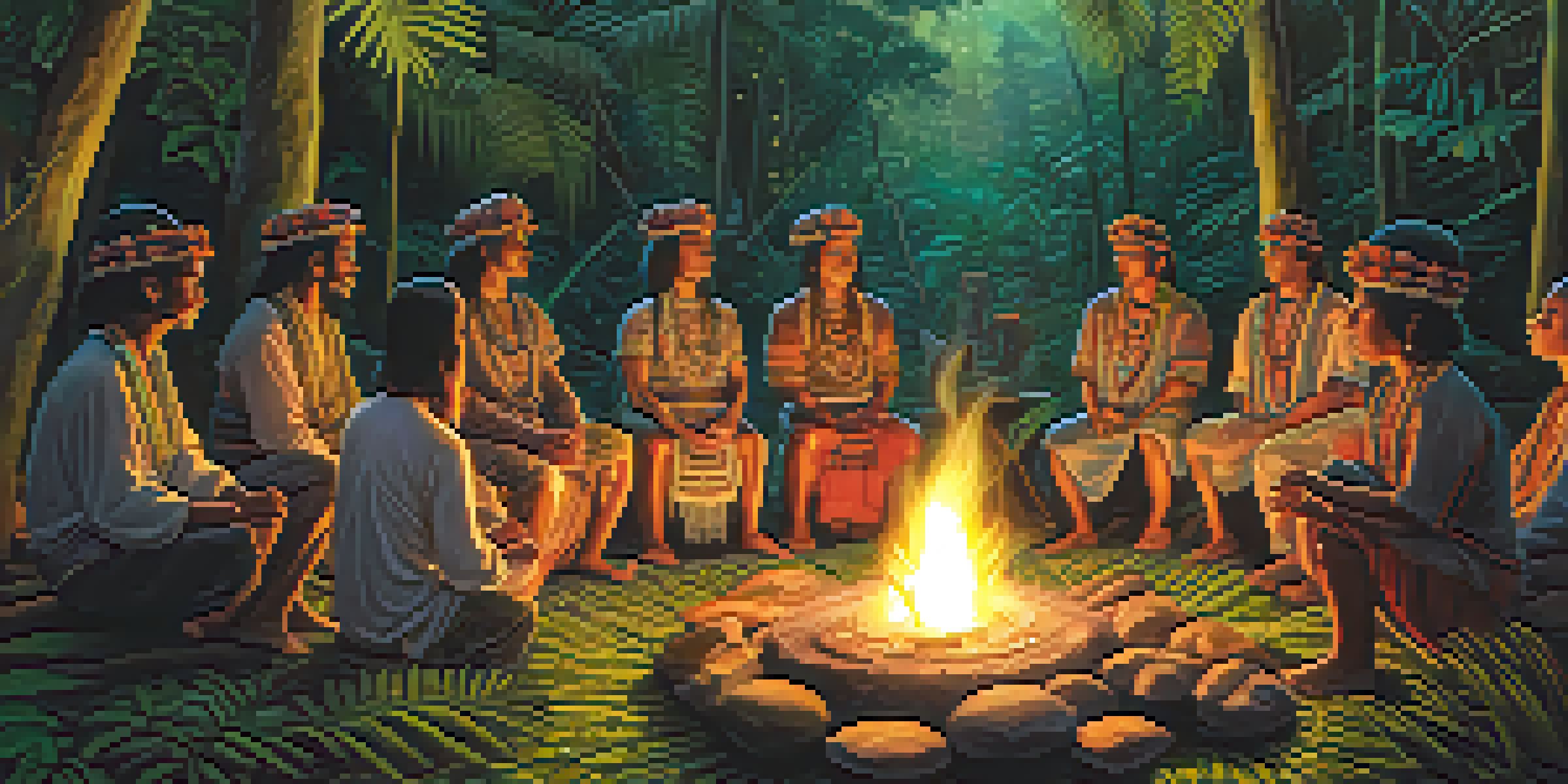 A group of people sitting in a circle around a fire in a rainforest, participating in an Ayahuasca ceremony led by a shaman.
