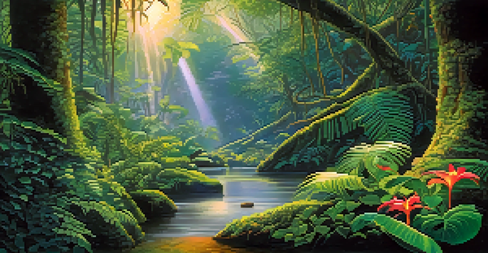 A peaceful Amazon rainforest scene with the Banisteriopsis caapi vine and colorful tropical plants, sunlight filtering through the trees, and mist rising from a river.