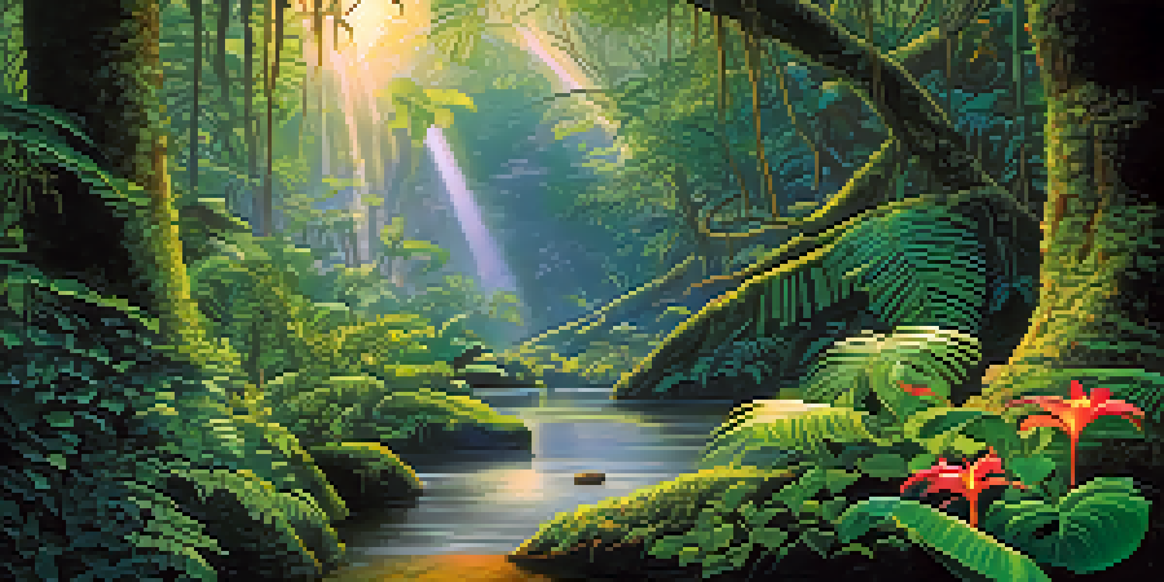 A peaceful Amazon rainforest scene with the Banisteriopsis caapi vine and colorful tropical plants, sunlight filtering through the trees, and mist rising from a river.
