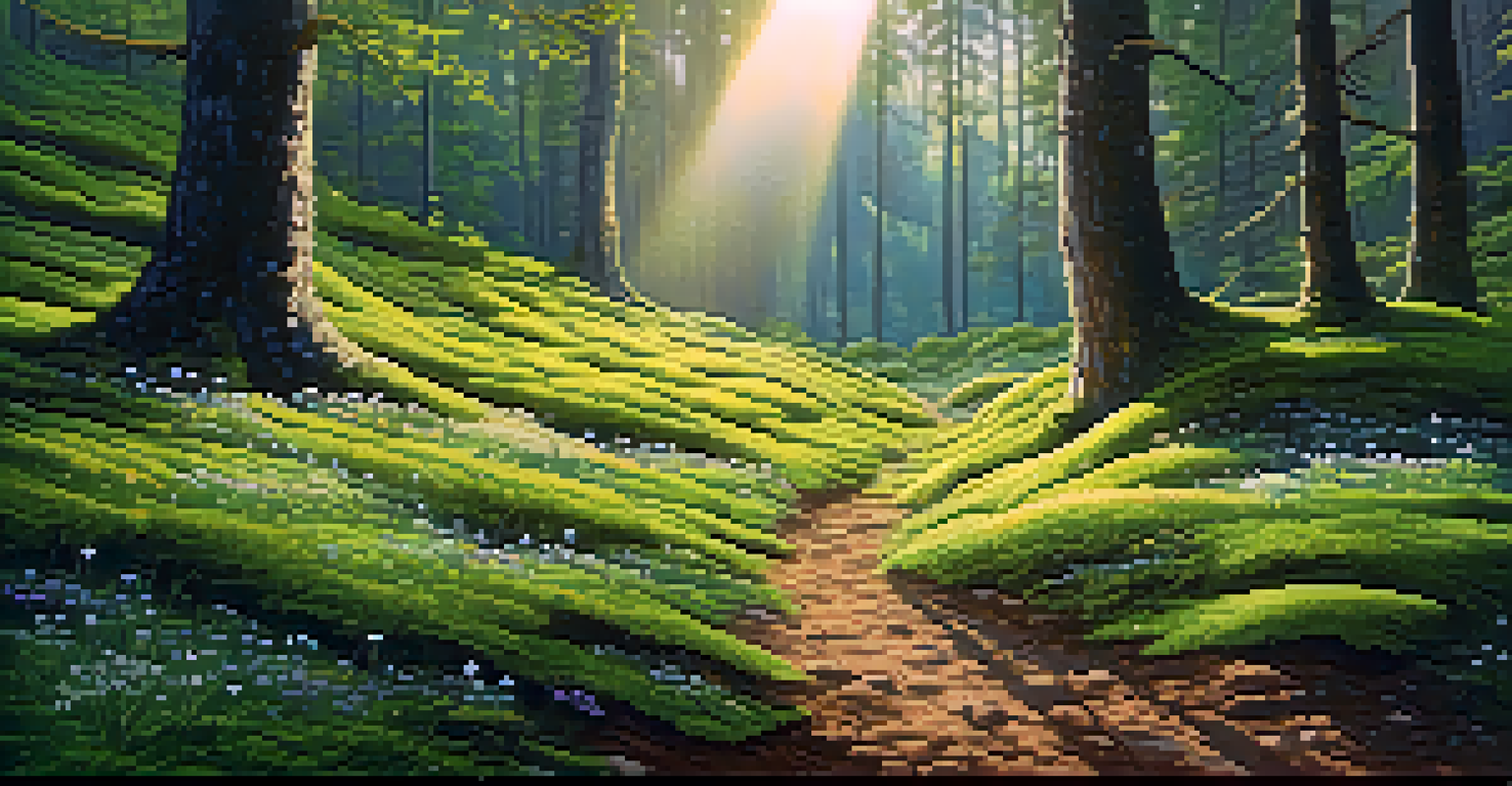 A close-up view of forest floor with textured soil, green moss, and wildflowers, illuminated by soft sunlight.