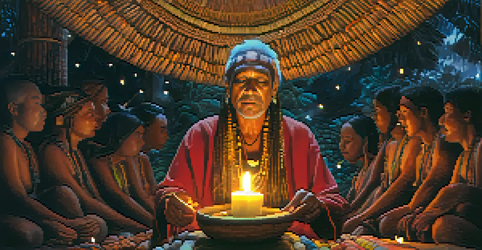 A close-up of a shaman singing during an Ayahuasca ceremony, surrounded by candlelight and holding a rattle.
