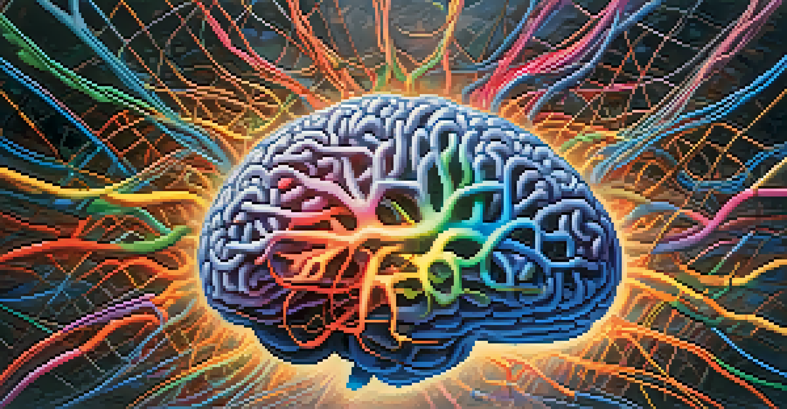 An artistic depiction of a brain with colorful neural pathways, intertwined with heart shapes and waves, symbolizing cognitive and emotional processing.