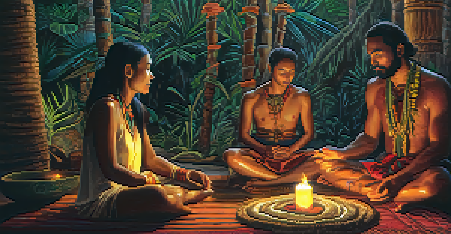 A facilitator speaking to a thoughtful participant in a softly lit Ayahuasca ceremony setting.