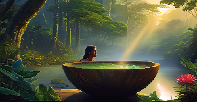 A peaceful Amazon rainforest at dawn with a shaman preparing Ayahuasca in a bowl, surrounded by greenery and flowers.