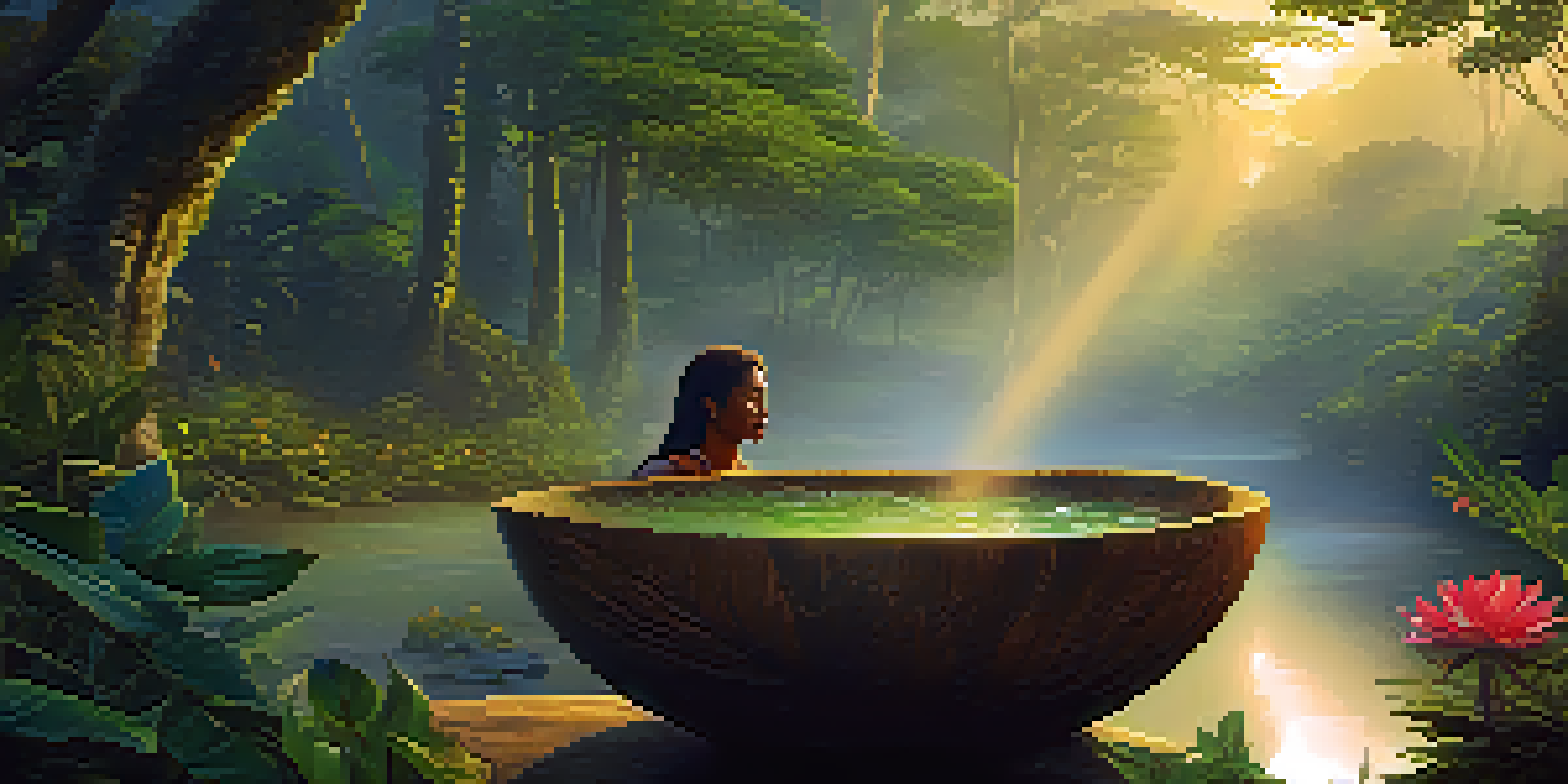 A peaceful Amazon rainforest at dawn with a shaman preparing Ayahuasca in a bowl, surrounded by greenery and flowers.