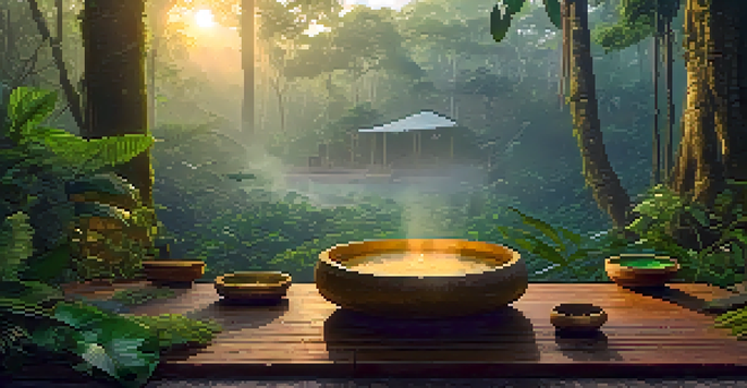 A peaceful Amazon rainforest at dawn, with mist and a traditional Ayahuasca ceremony setup including wooden altar and bowls.