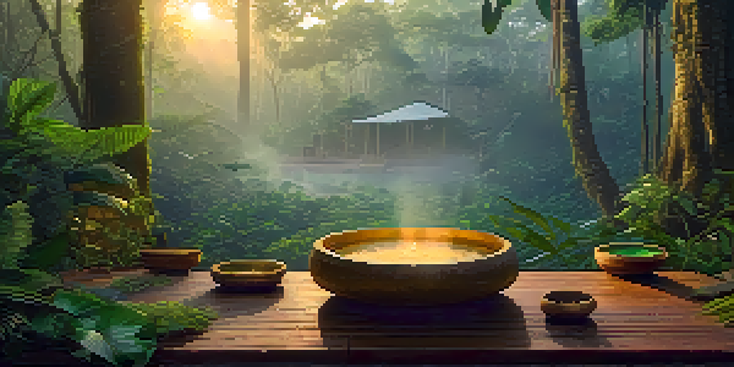 A peaceful Amazon rainforest at dawn, with mist and a traditional Ayahuasca ceremony setup including wooden altar and bowls.
