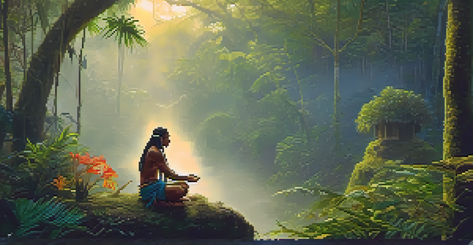 An Indigenous shaman preparing Ayahuasca in a misty Amazon rainforest at dawn, surrounded by lush greenery and vibrant flowers.