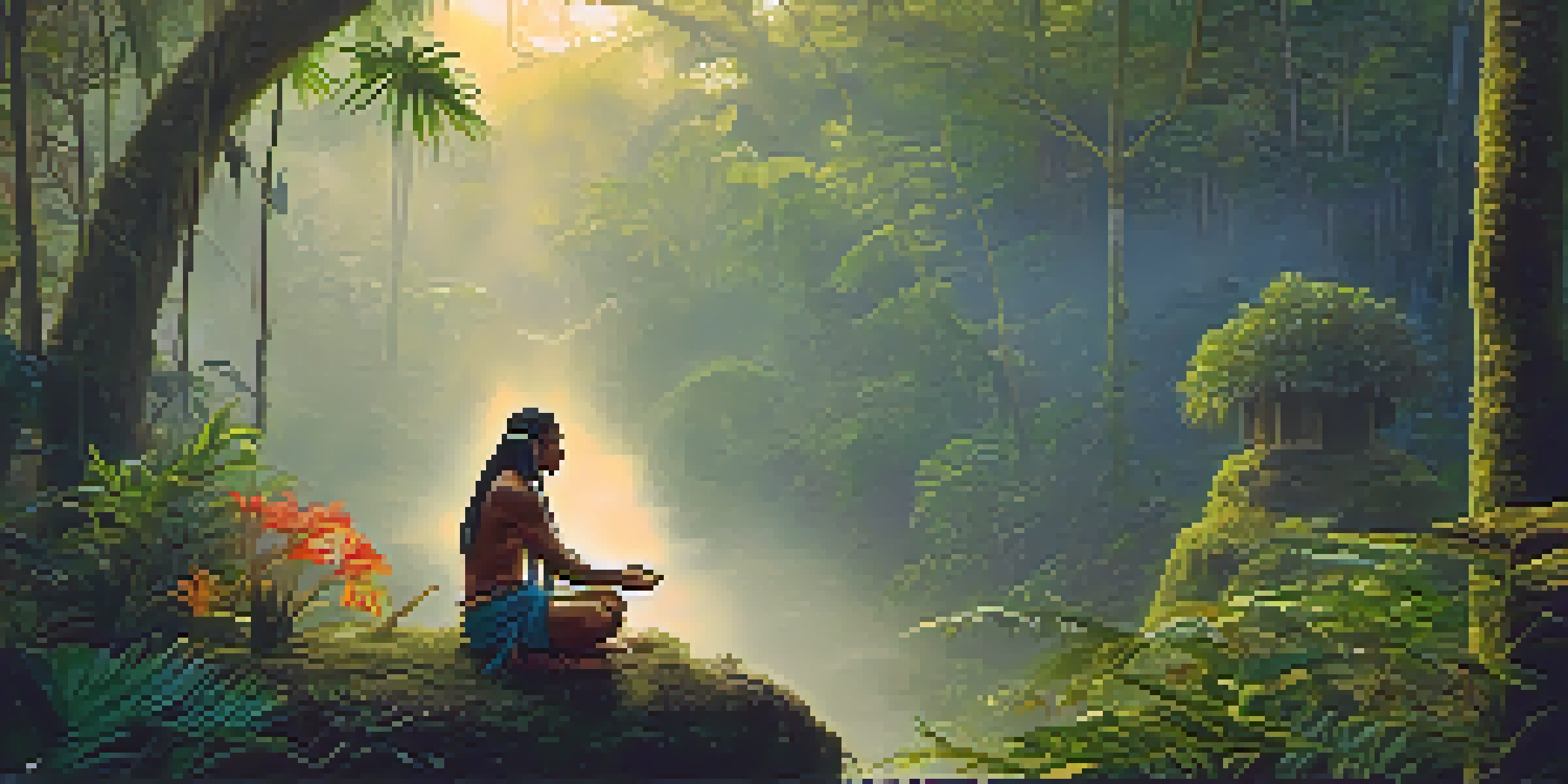 An Indigenous shaman preparing Ayahuasca in a misty Amazon rainforest at dawn, surrounded by lush greenery and vibrant flowers.