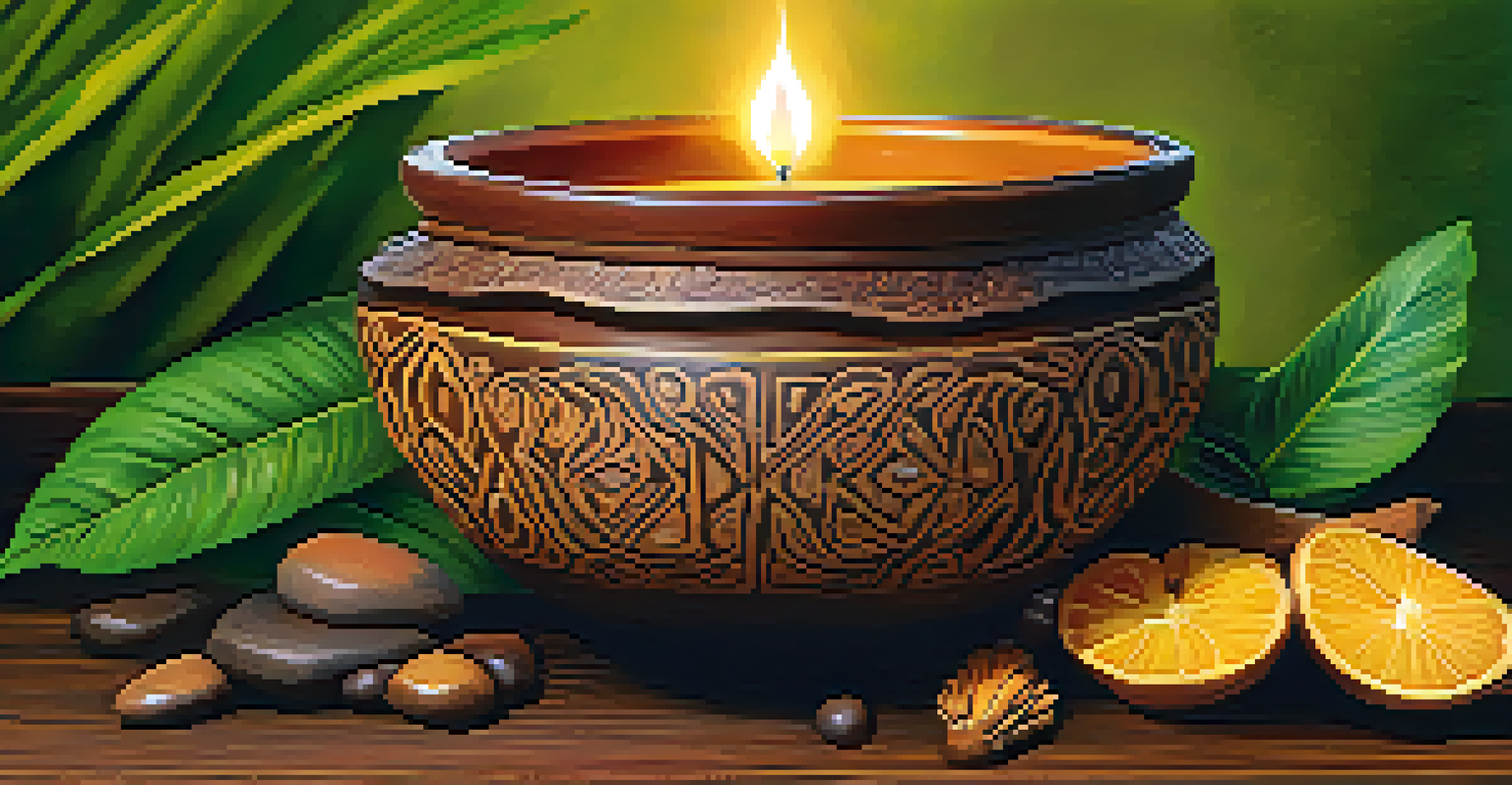 A close-up of Ayahuasca brew in a ceramic bowl surrounded by natural elements.