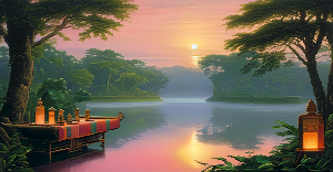 A peaceful Amazonian landscape with a misty river, lush green trees, and a shamanic altar adorned with candles and artifacts, illuminated by the morning sun.