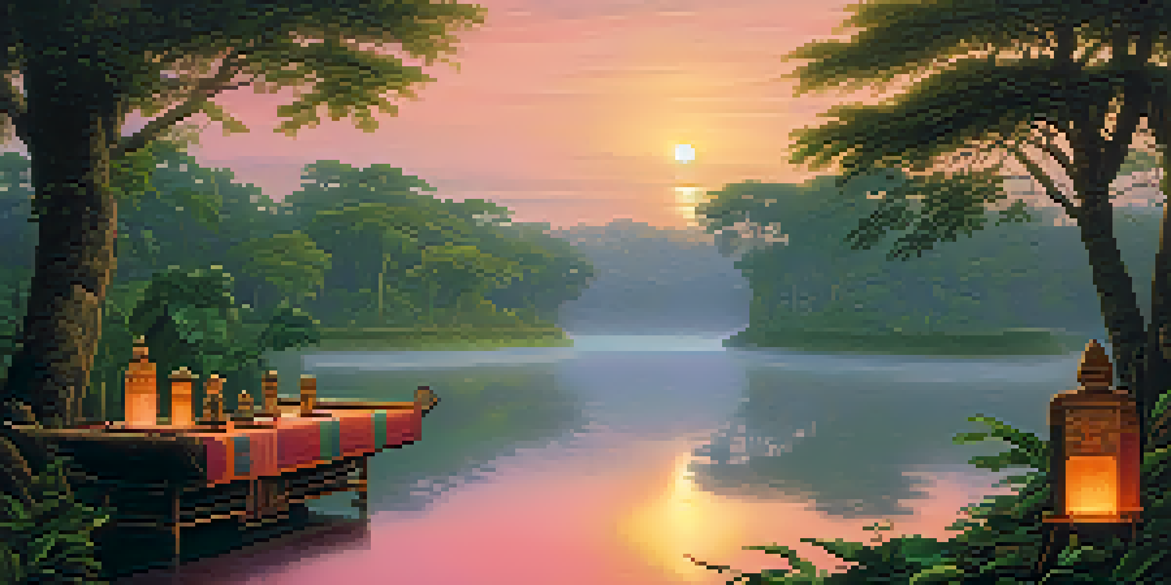 A peaceful Amazonian landscape with a misty river, lush green trees, and a shamanic altar adorned with candles and artifacts, illuminated by the morning sun.
