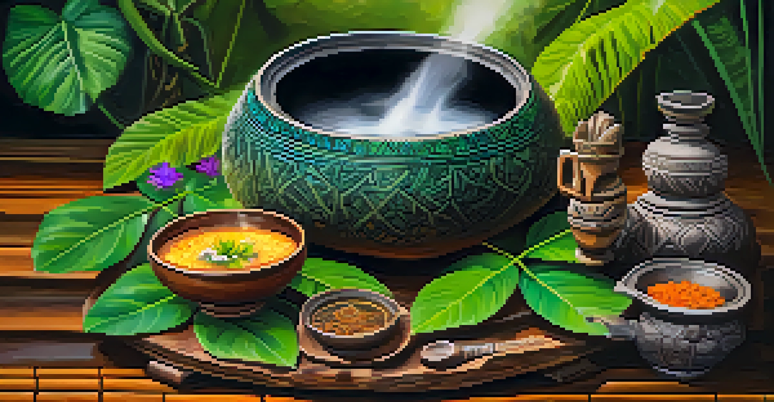 A beautifully arranged setup for an ayahuasca ceremony, showcasing a steaming bowl on a rustic wooden table surrounded by traditional artifacts, leaves, and flowers.