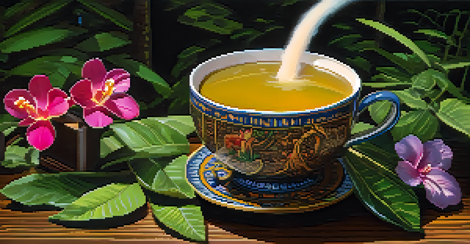 A close-up image of Ayahuasca brew in a ceramic cup, surrounded by leaves and flowers on a rustic wooden table.