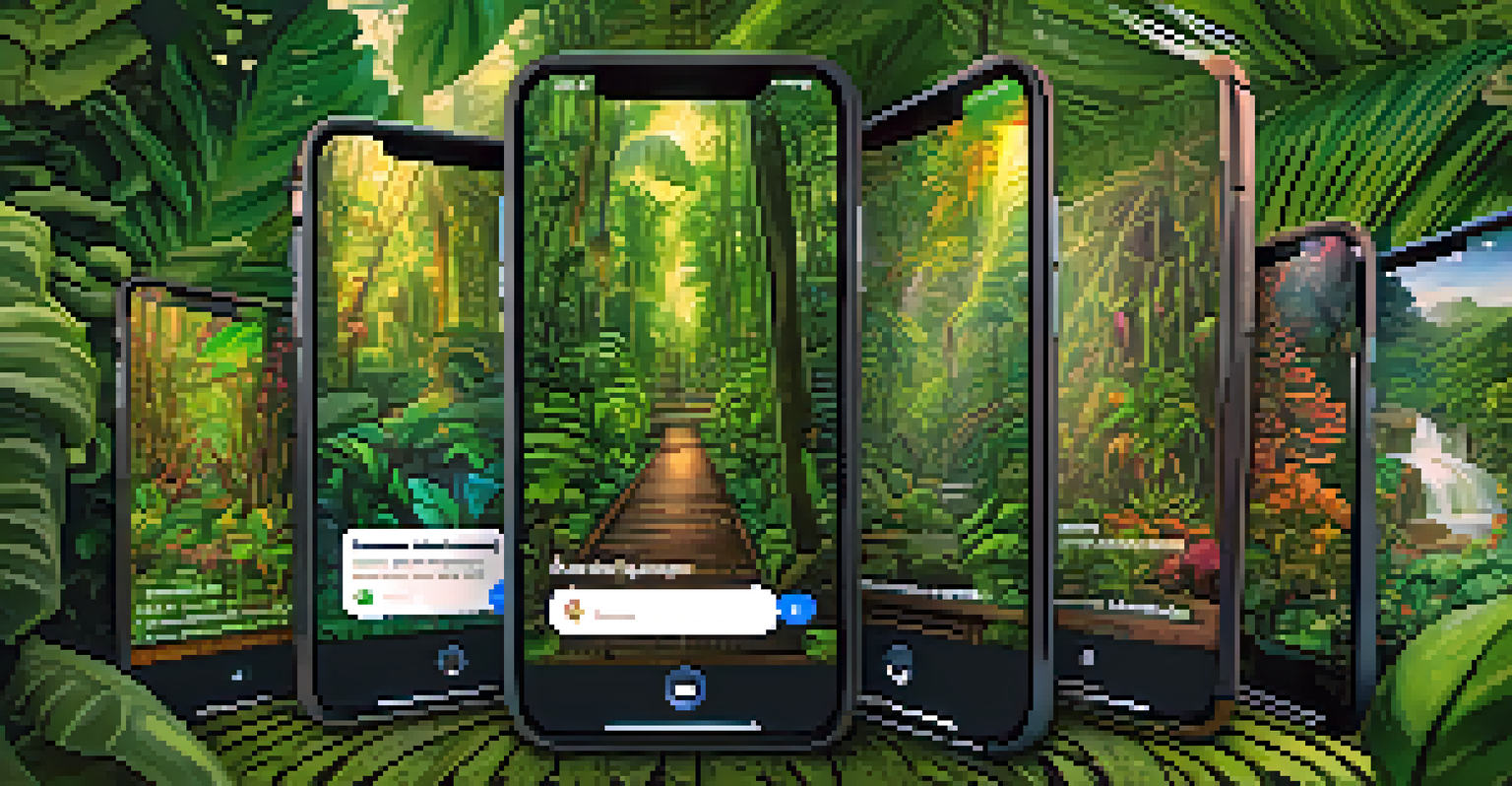 A smartphone displaying a vibrant social media feed with images and quotes about Ayahuasca experiences in a cozy setting.