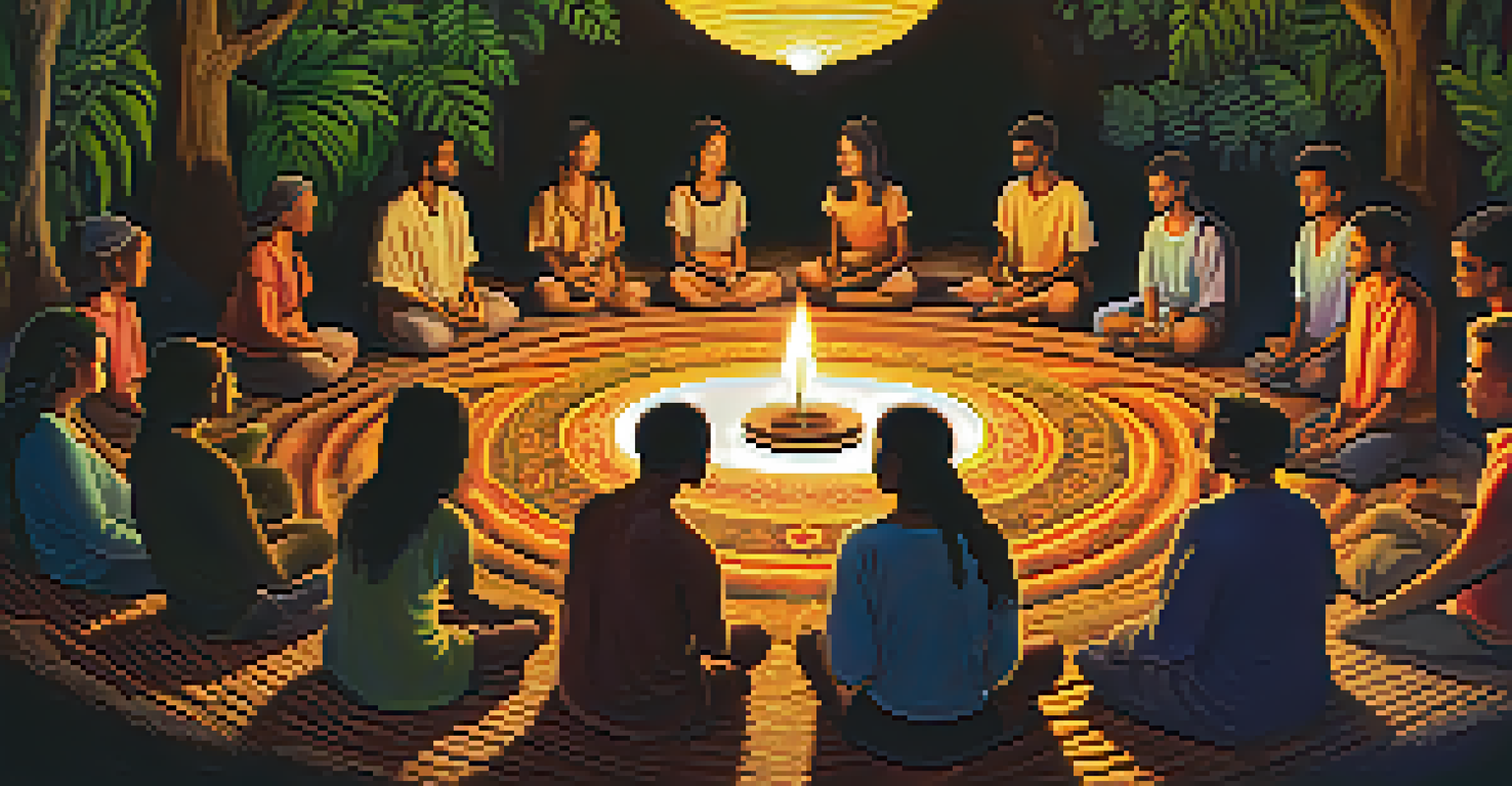 A diverse group of people in a circle during an Ayahuasca ceremony, reflecting deeply in a warmly lit environment.