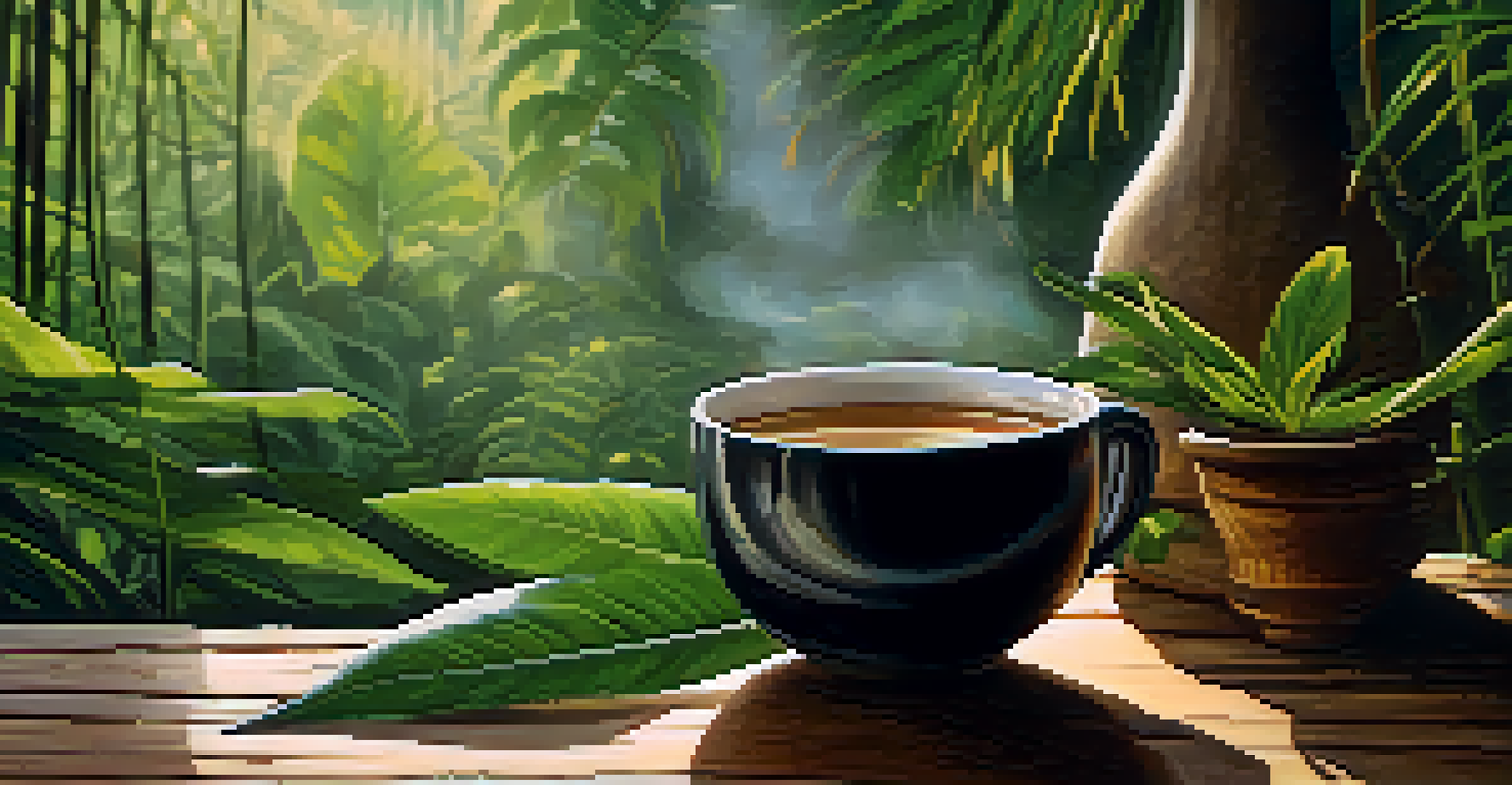 A close-up of a cup of Ayahuasca brew on a wooden table surrounded by tropical plants and soft natural light.