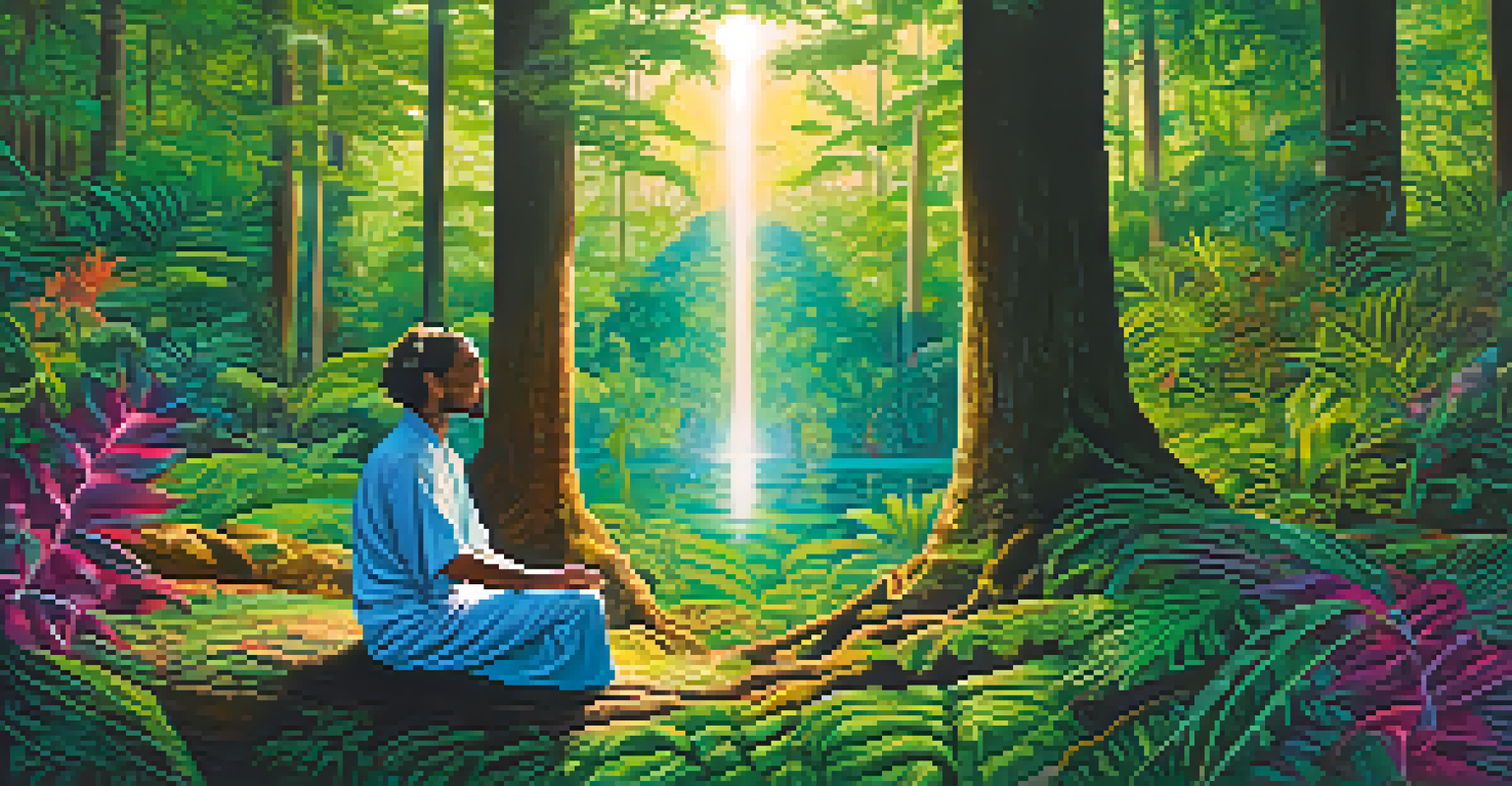 A person meditating in a lush forest during an Ayahuasca ceremony, surrounded by swirling colors and sunlight filtering through the trees.