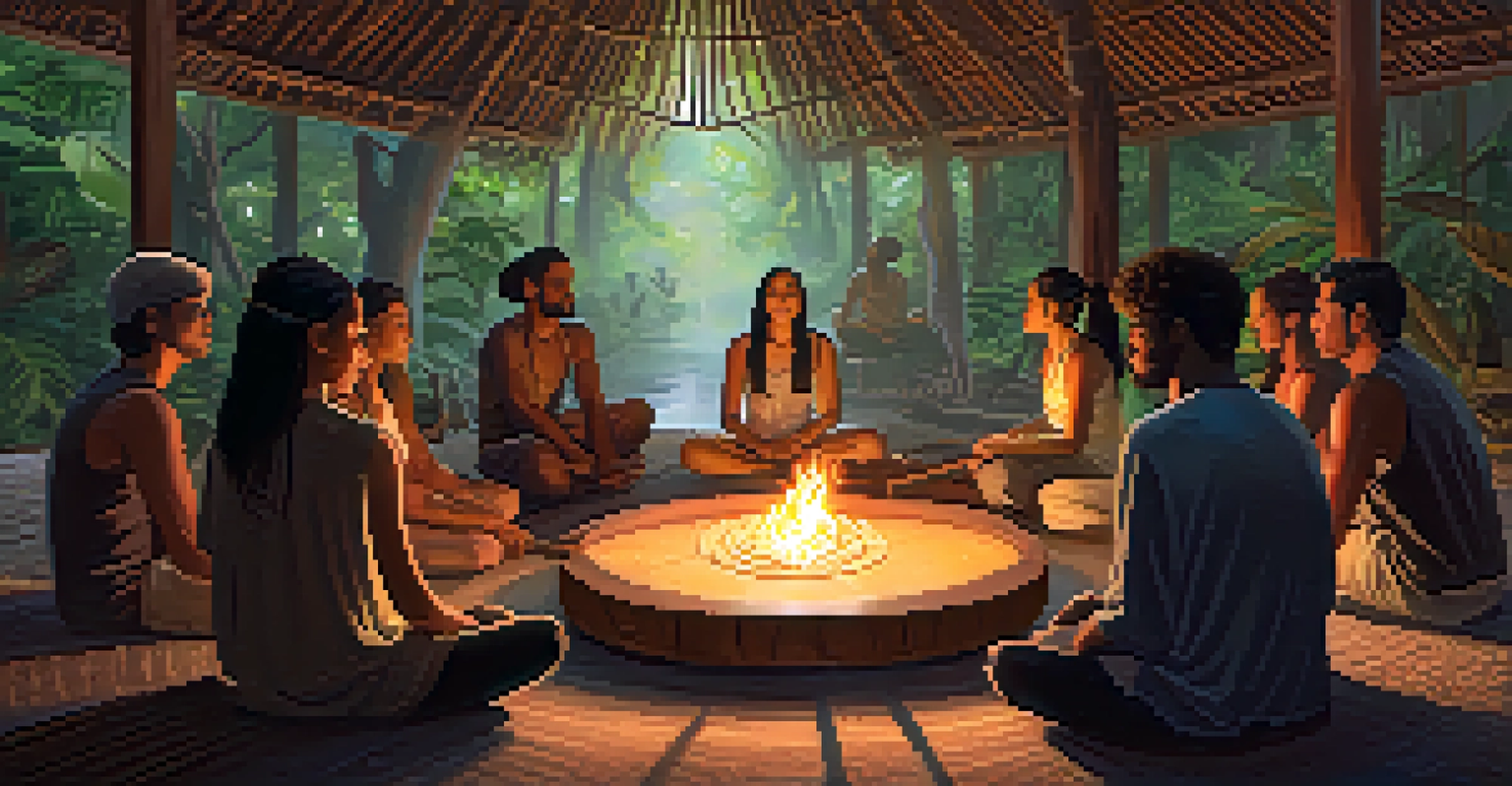 A diverse group of people sitting in a circle during an Ayahuasca ceremony, engaged in deep reflection in a calm, natural setting.