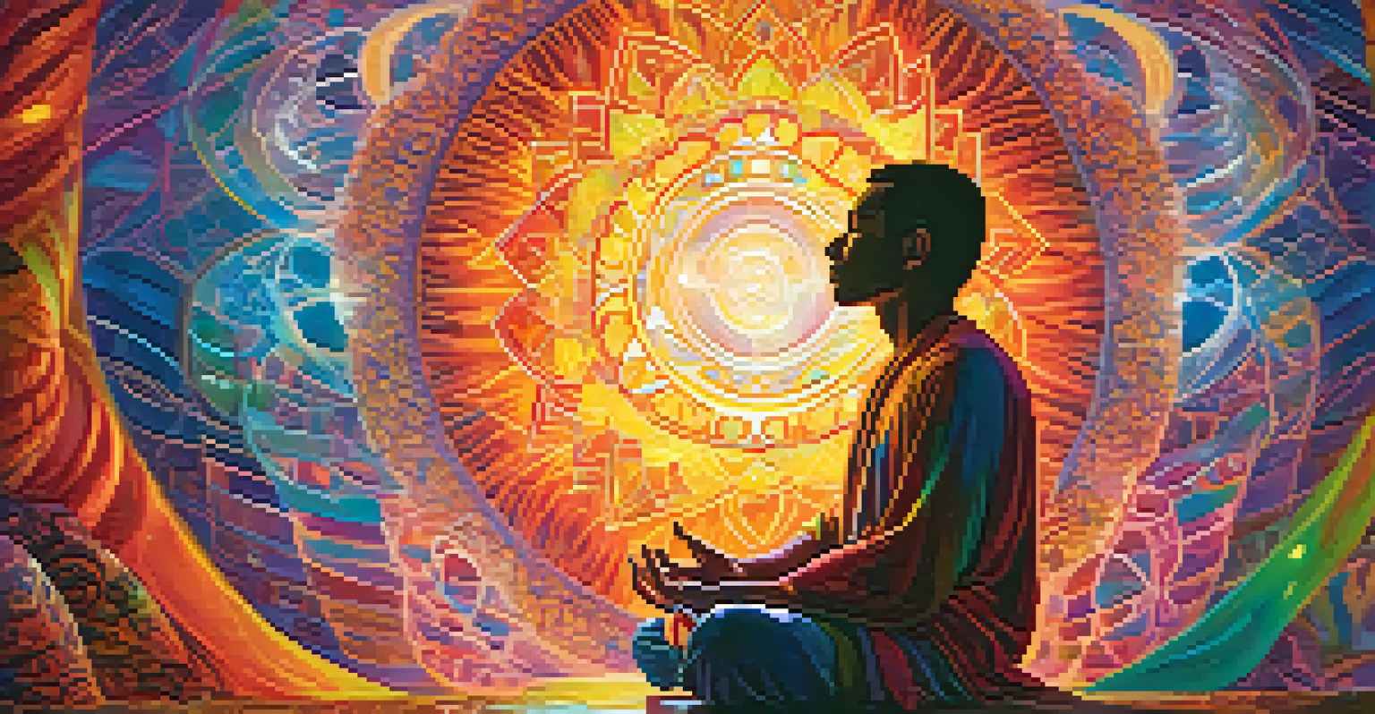 A person meditating in a sacred space, surrounded by swirling colors and energy patterns, symbolizing their spiritual journey.