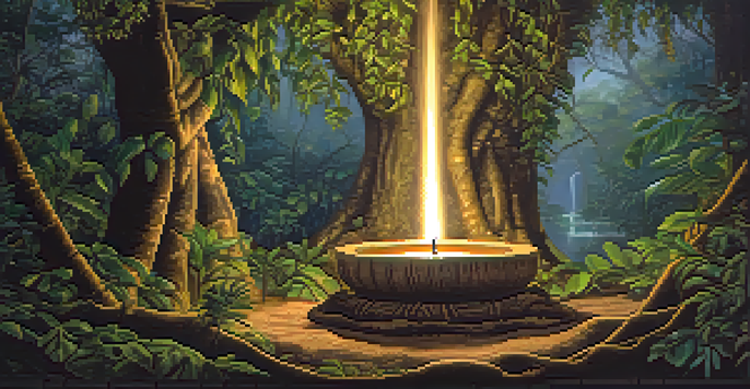 A peaceful scene in the Amazon rainforest featuring the Banisteriopsis caapi vine with soft golden light filtering through the trees and a shamanic altar in the foreground.