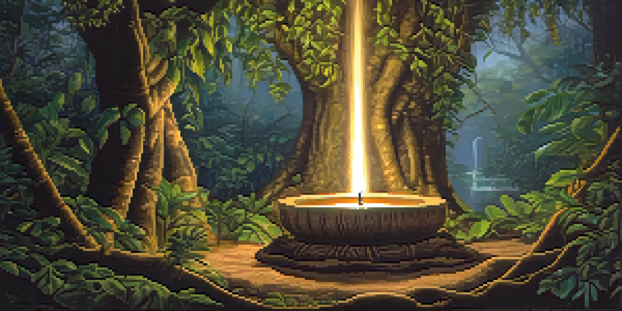 A peaceful scene in the Amazon rainforest featuring the Banisteriopsis caapi vine with soft golden light filtering through the trees and a shamanic altar in the foreground.