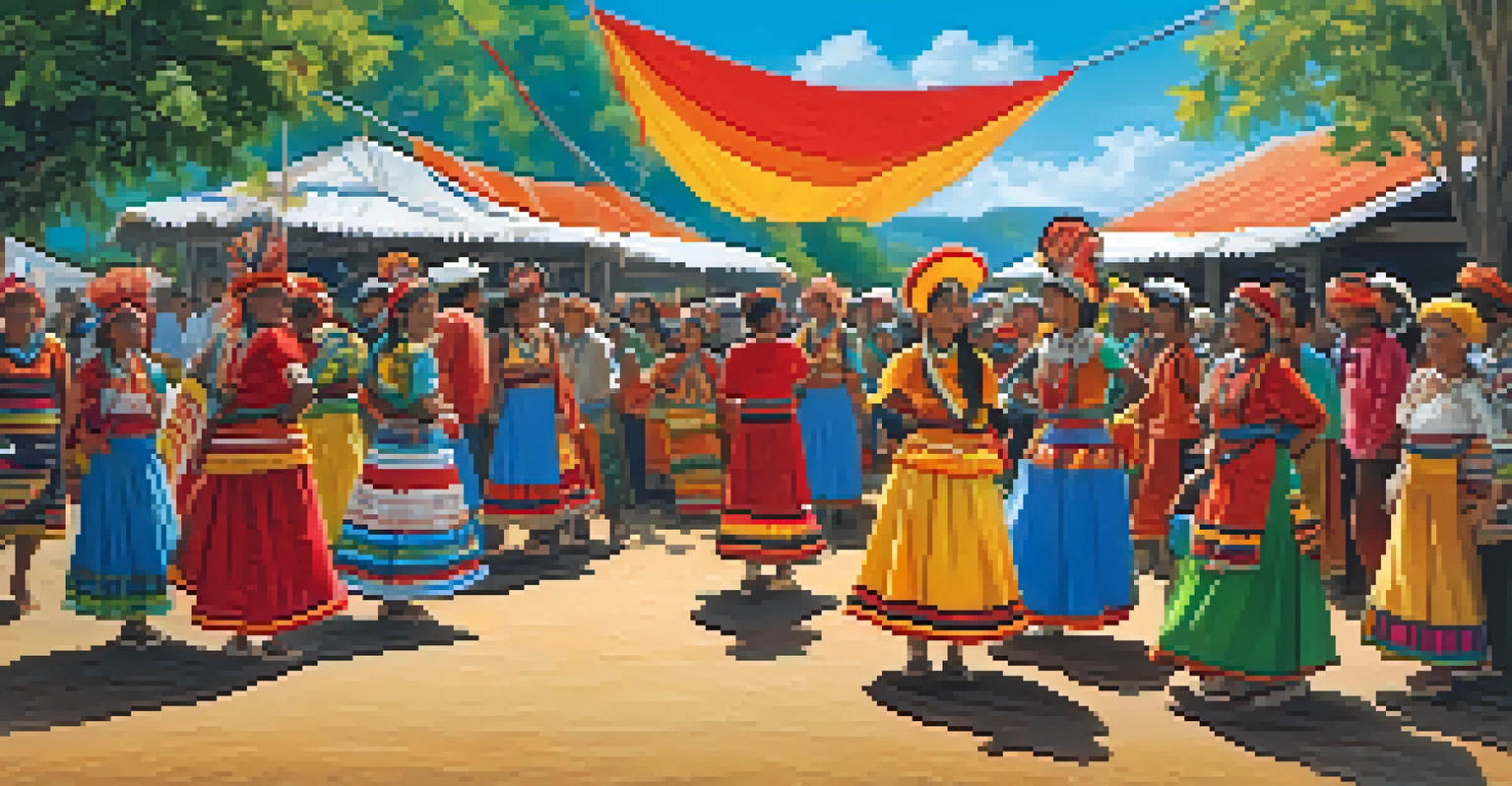 A lively Indigenous community gathering with traditional dances and crafts, showcasing vibrant costumes and a festive atmosphere.