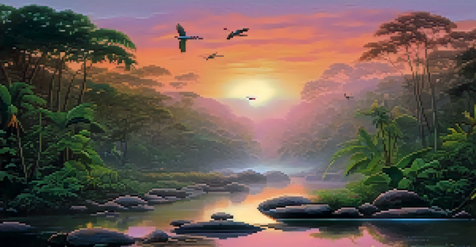 A peaceful Amazon rainforest at sunset with a flowing stream and colorful sky.