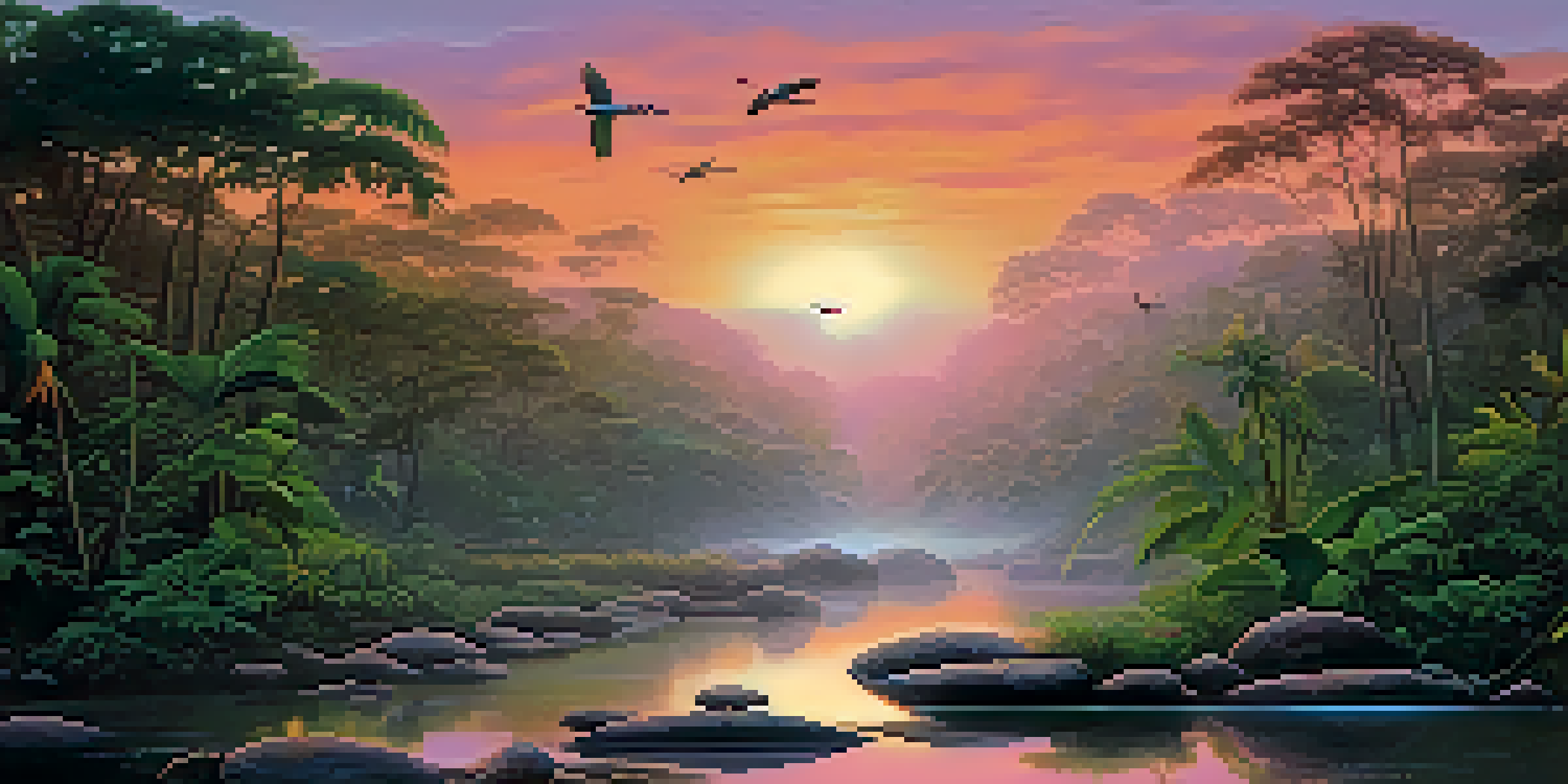 A peaceful Amazon rainforest at sunset with a flowing stream and colorful sky.