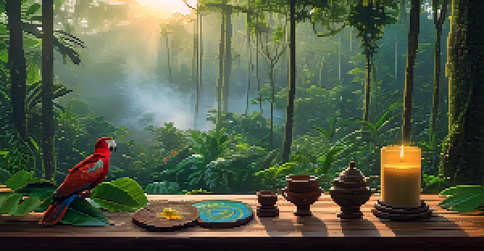 A peaceful Amazon rainforest at dawn with mist and a ceremonial setup for Ayahuasca, featuring a traditional cup and tropical flowers.