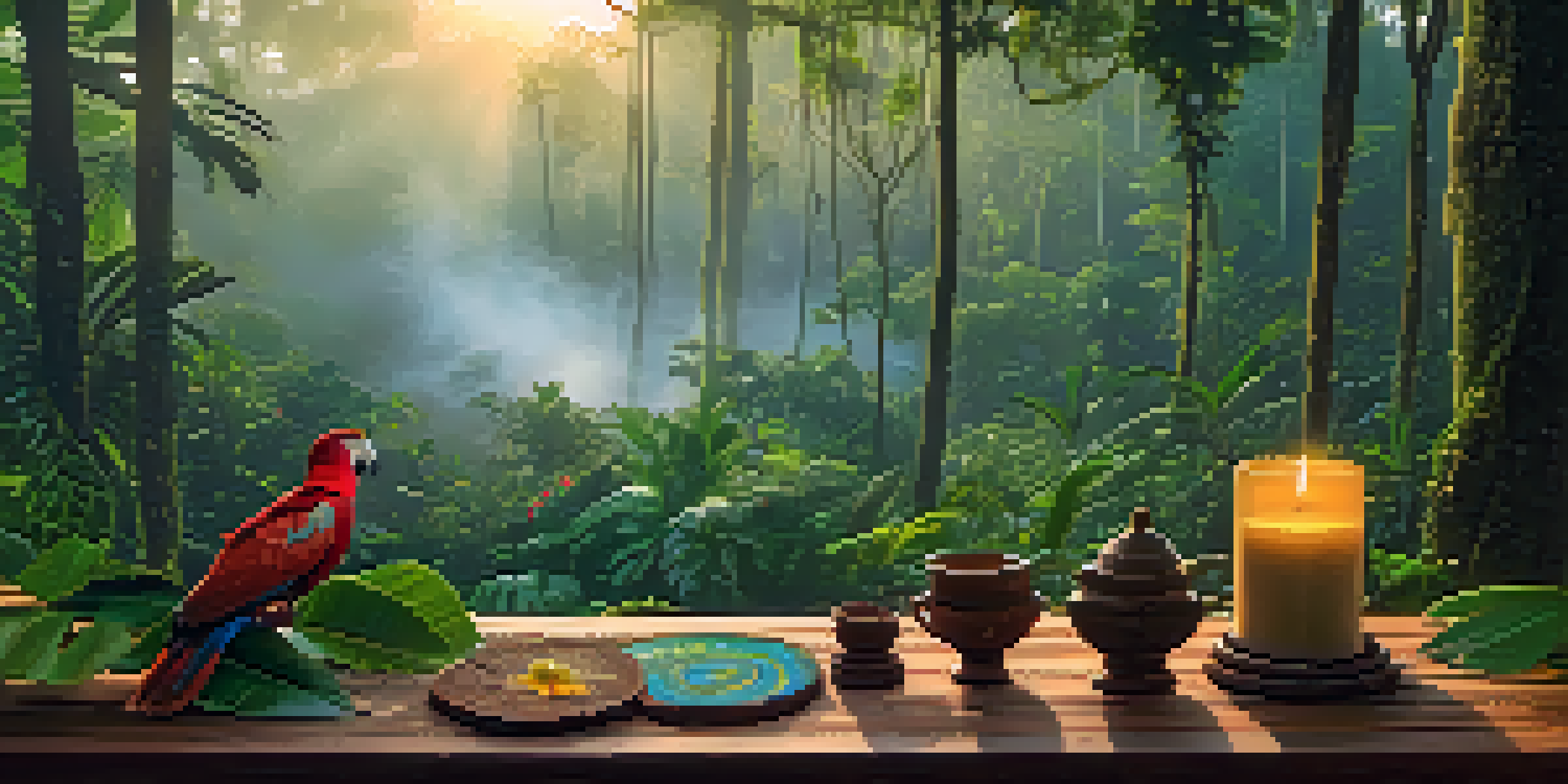 A peaceful Amazon rainforest at dawn with mist and a ceremonial setup for Ayahuasca, featuring a traditional cup and tropical flowers.