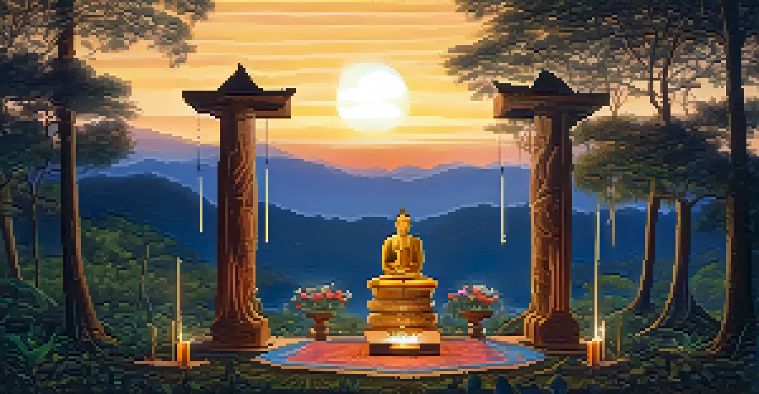 An altar for an Ayahuasca ceremony at dusk, surrounded by trees and illuminated by candles.