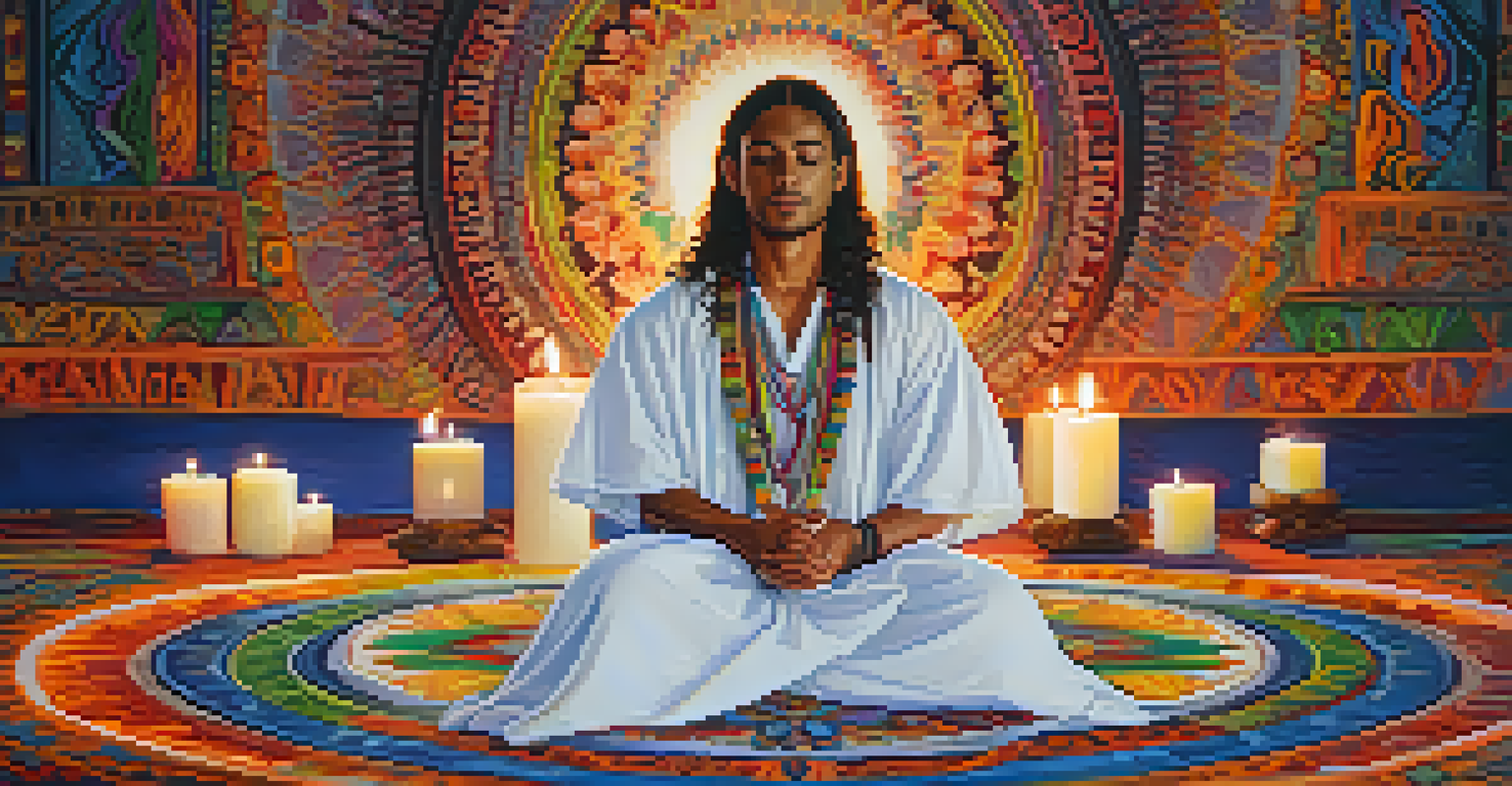 A participant in a white garment sitting cross-legged with eyes closed during an ayahuasca ceremony, surrounded by a mandala and softly glowing candles.