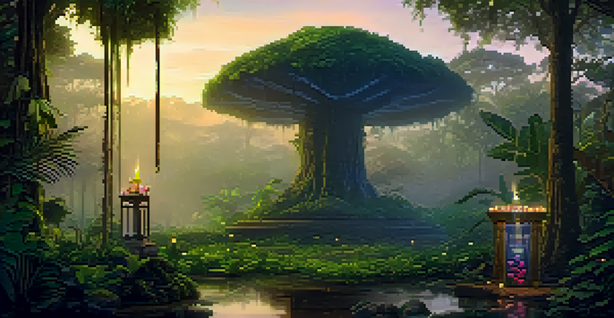 A tranquil Amazon rainforest at twilight with mist, glowing plants, and a rustic ceremonial altar.