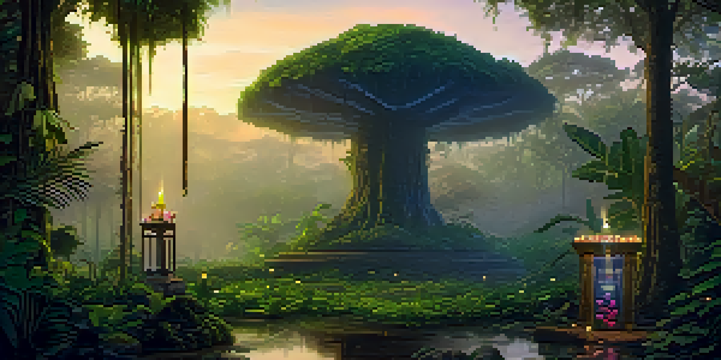 A tranquil Amazon rainforest at twilight with mist, glowing plants, and a rustic ceremonial altar.