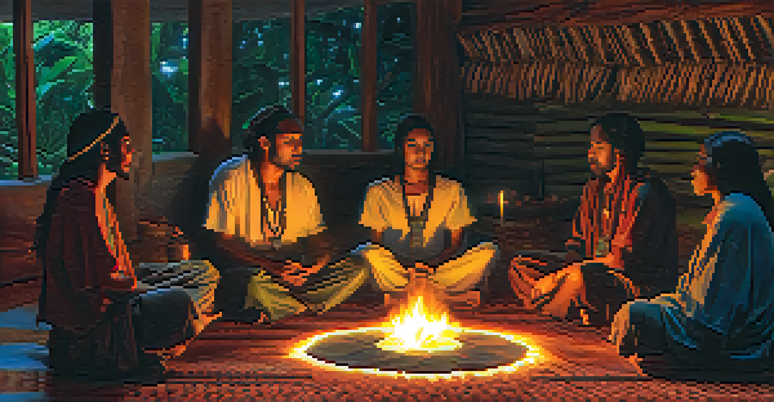A group of diverse participants sitting in a circle during an ayahuasca ceremony around a fire.