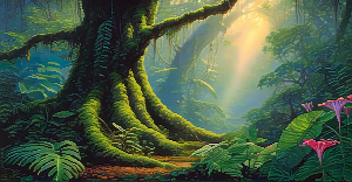 An Amazon rainforest at dawn with vines and leaves, soft sunlight filtering through the trees, and a misty atmosphere.