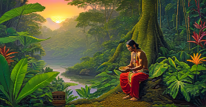 A shaman in traditional attire preparing Ayahuasca in a vibrant Amazon rainforest at dusk, surrounded by lush green foliage and colorful flowers.
