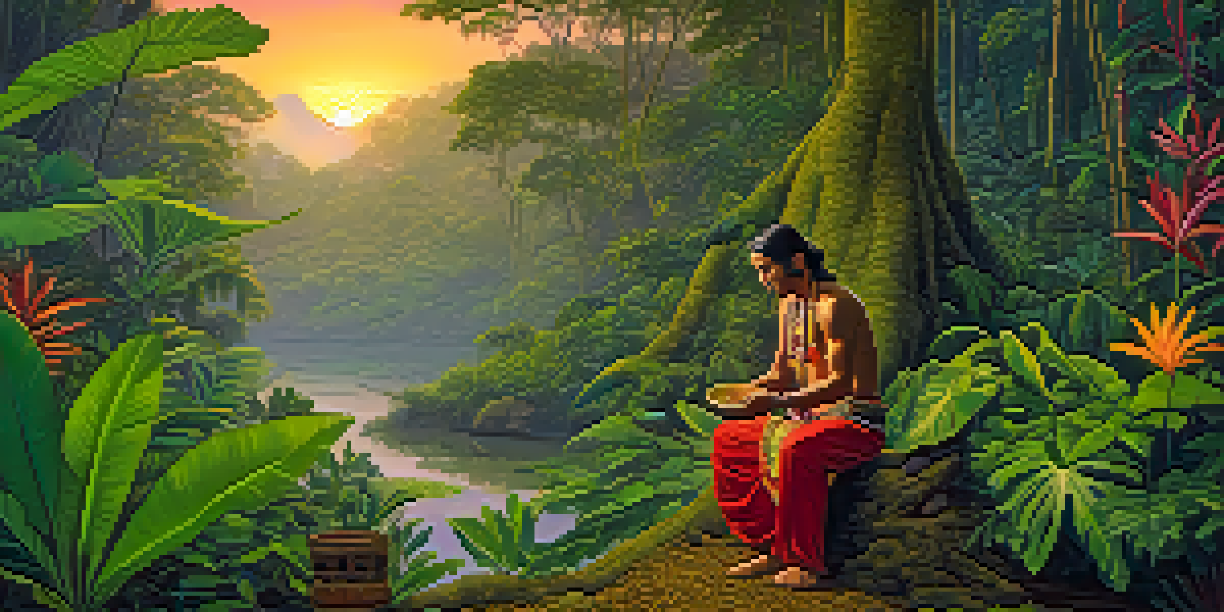 A shaman in traditional attire preparing Ayahuasca in a vibrant Amazon rainforest at dusk, surrounded by lush green foliage and colorful flowers.