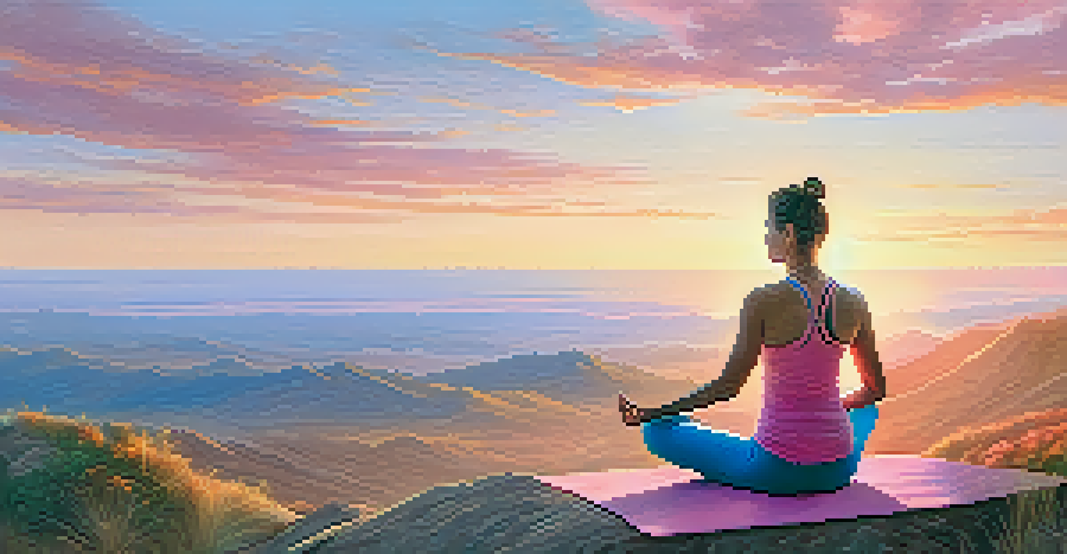 A person practicing yoga on a mountain top at sunrise, with a colorful sky and a beautiful landscape in the background.